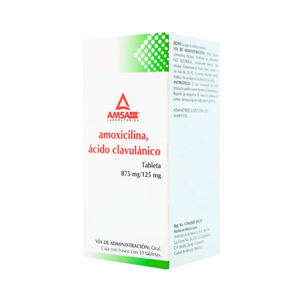 Amoxicilina, Ácido Clavulánico 875mg/125 mg Lab. Amsa Fco. 10 Tab.