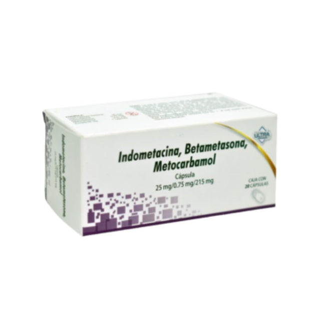 Indometacina, Betametasona, Metocarbamol 25mg / 0.75mg/ 215mg Caja con 20 Capsulas Laboratorios Ultra