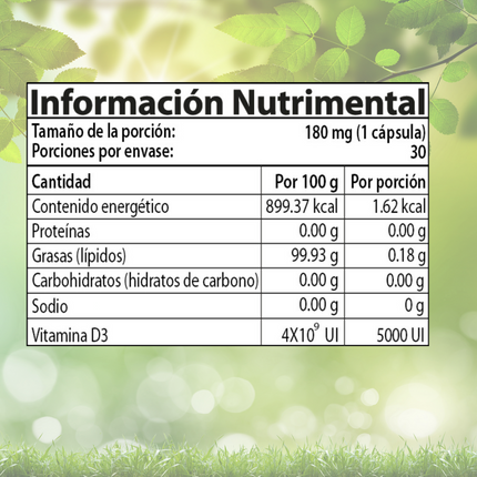 Vitamina D3 5000 UI Suplemento Alimenticio Naturim Essentials Colecalciferol Frasco con 30 Cápsulas de Softgel