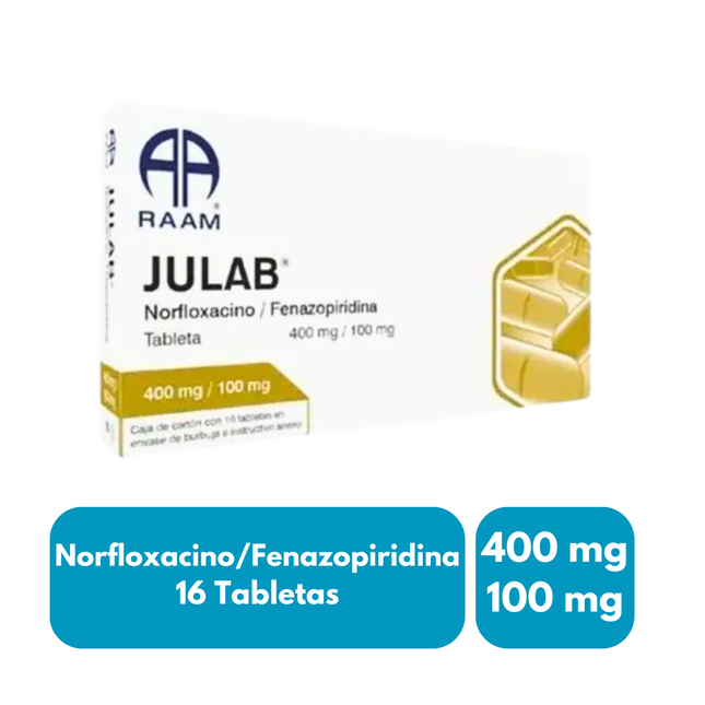 Julab (Fenazopiridina 100mg / Norfloxacino 400mg) Caja con 16 Tabletas
