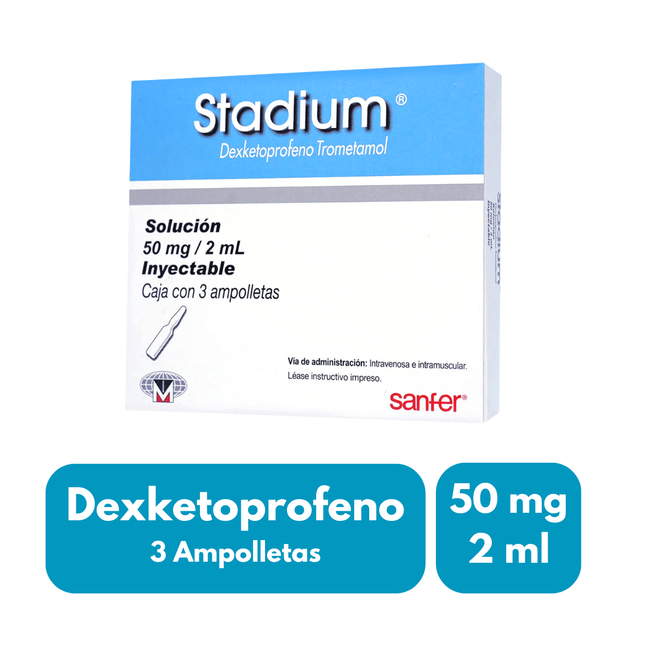 Stadium (Dexketoprofeno) Solución 50mg/2ml Caja con 3 Ampolletas Sanfer