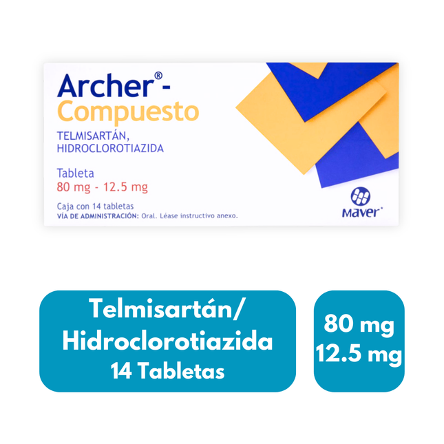 Archer Compuesto (Telmisartán/Hidroclorotiazida) 80mg/12.5mg Caja con 14 Tabletas