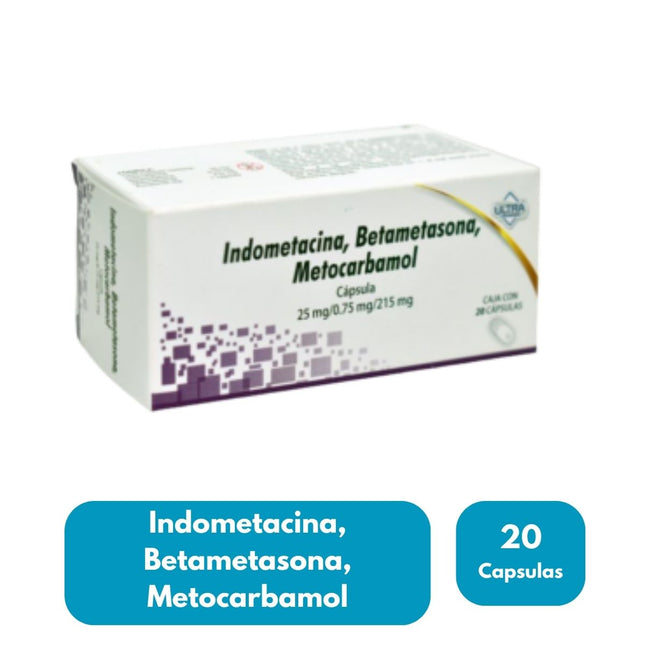 Indometacina, Betametasona, Metocarbamol 25mg / 0.75mg/ 215mg Caja con 20 Capsulas Laboratorios Ultra