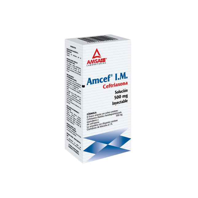 Amcef (Ceftriaxona) 500 mg Caja con 1 Ampolleta con Diluyente 3.5 ml Intramuscular