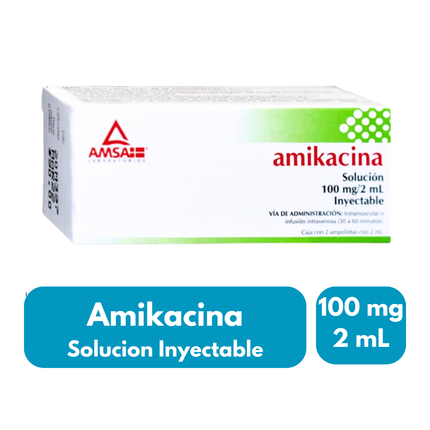 Amikacina 100 mg/2 ml Solución Inyectable 2 Ampolletas Laboratorios AMSA
