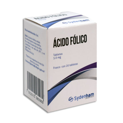 Acido Fólico 5 mg Caja con 20 Tabletas