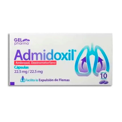 Admidoxil (Ambroxol/Dextrometorfano) 22.5mg/22.5 mg caja con 10 Cápsulas