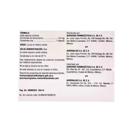 Aurosul Tamsulosina 0.4 mg Liberación Prolongada Caja con 30 Cápsulas