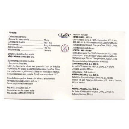 Olmesartán 20 mg / Amlodipino 5 mg / Hidroclorotiazida 12.5 mg Caja con 28 Tabletas