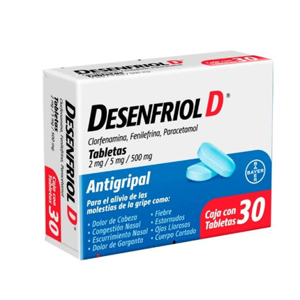 Desenfriol-D  Clorfenamina 2 mg, Fenilefrina 5 mg, Paracetamol 500 mg Caja con 30 tabletas