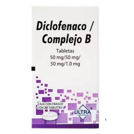 Diclofenaco 50 mg, Vitamina B1 50 mg, Vitamina B12 1 mg, Vitamina B6 50 mg Caja con 30 Tabletas