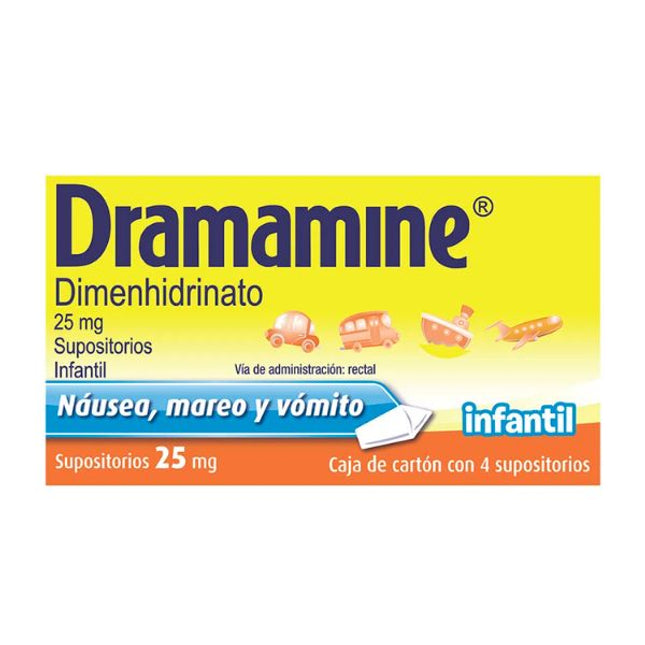 Dramamine Infantil (Dimenhidrato 25 mg) Caja con 4 Supositorios
