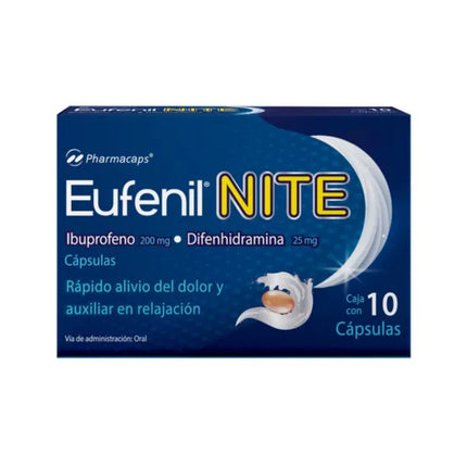 Eufenil NITE (Ibuprofeno 200 mg Difenhidramina 25 mg) Caja con 10 Cápsulas