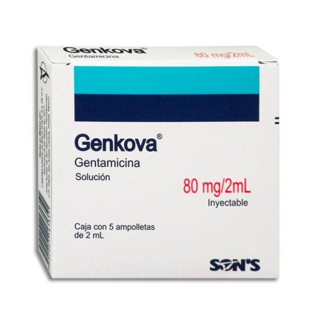 Genkova (Gentamicina) 80 mg / 2 ml Caja con 5 Ampolletas Inyectables