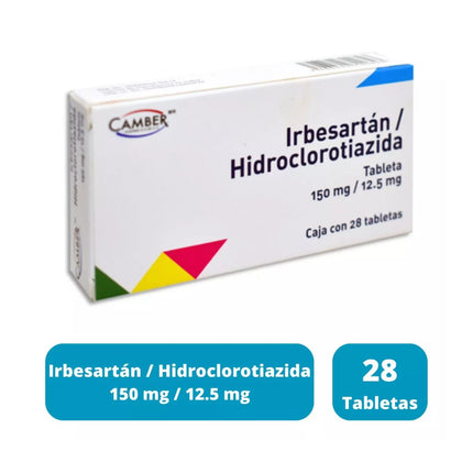 Irbesartan/Hidroclorotiazida 150 mg/12.5 mg  Caja con 28 Tabletas