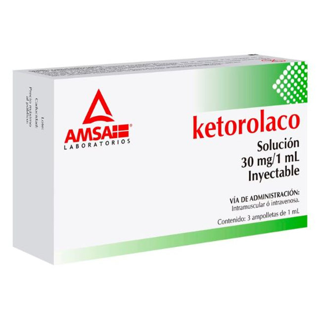 Ketorolaco 10 mg/1 ml Inyectable Caja con 3 Ampolletas Inyectables