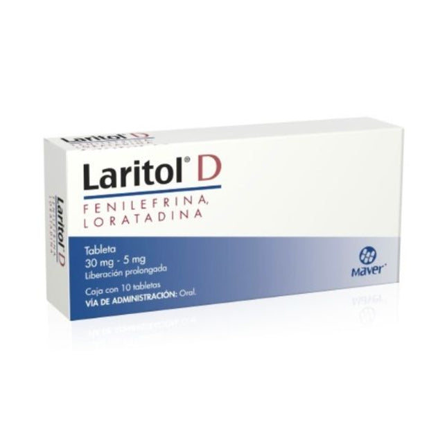 Laritol D (Loratadina/Fenilefrinal) 30 mg/5 mg caja con 10 tabletas