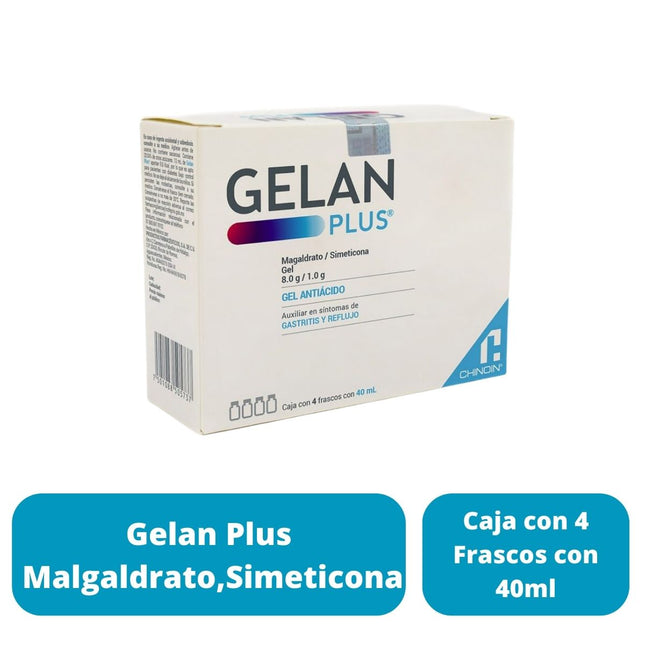 Gelan Plus (Magaldrato / Simeticona Gel Antiácido 8.0g / 1.0 g) Caja con 4 frascos 40 ml
