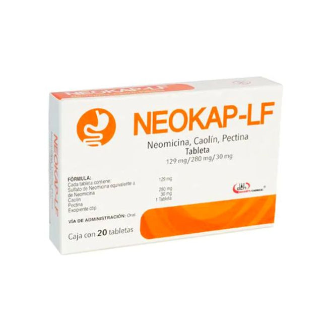 Neokap-Lf (Neomicina/Caolin/Pectina) 129 mg/280 mg/30 mg Caja con 20 Tabletas