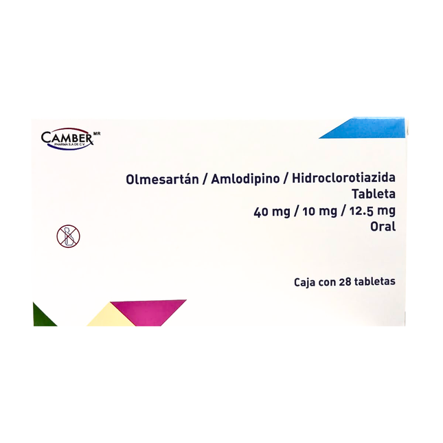 Olmesartán 40 mg Amlodipino 10 mg Hidroclorotiazida 12.5 mg Caja con 28 Tabletas