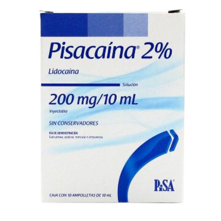 Pisacaina 2% (Lidocaína) 200 mg/ 10 mL Caja con 10 Ampolletas Inyectables 10 mL
