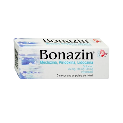 Bonazin (Meclozina/Piridoxina/Lidocaina) 25 mg/50 mg/20 mg Caja con 1 Ampolleta Inyectable