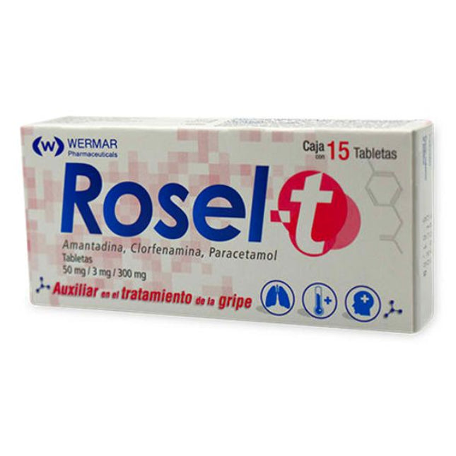 Rosel-T(Amantadina, Clorfenamina, Paracetamol) 50mg/3mg/300mg Caja  Con 15 Tabletas