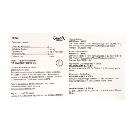Olmesartán 40 mg Amlodipino 10 mg Hidroclorotiazida 12.5 mg Caja con 28 Tabletas