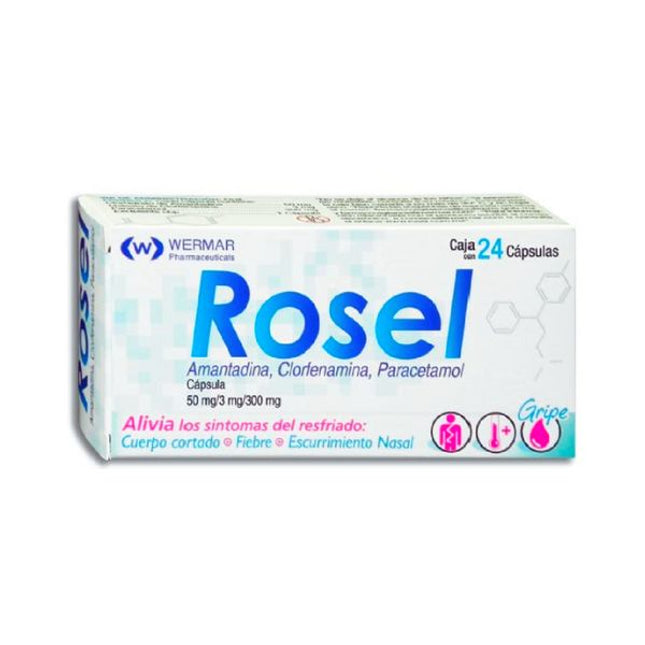 Rosel Amantadina, Clorfenamina, Paracetamol) 50 mg/3 mg /300 mg Caja 24 Cápsulas