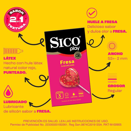 Sico Play Fresa Saboreame Caja con 3 Preservativos Masculinos