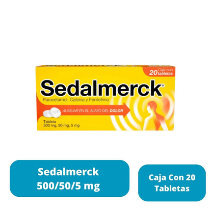 Sedalmerck (Paracetamol, Cafeína, Fenilefrina) 500 mg / 50 mg / 5 mg Caja con 20 Tabletas