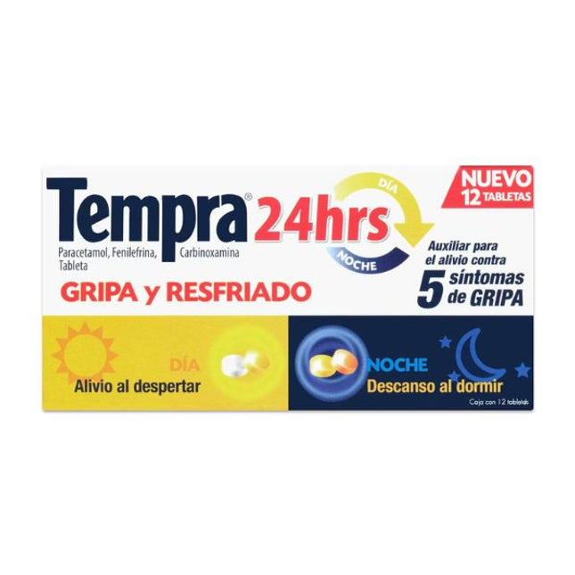 Tempra 24 Horas Dia-Noche (Paracetamol, Fenilefrina, Carboxinamina) Caja con 12 Tabletas