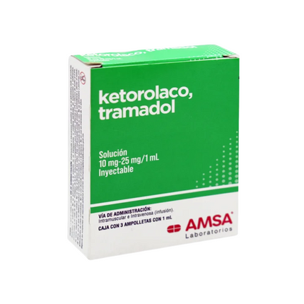 Ketorolaco 10 mg, Tramadol 25 mg Caja con 3 Ampolletas Inyectables