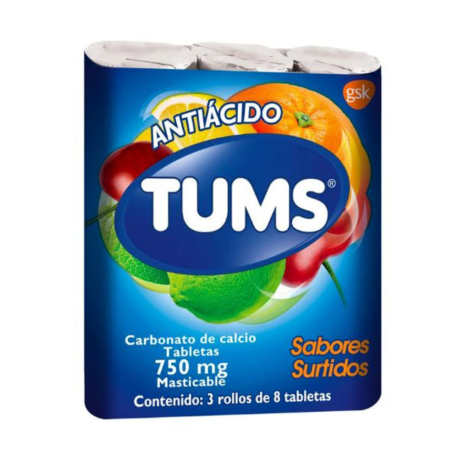 Tums Antiácido Extra Surtido 750 mg Paquete con 3 Rollos de 8 Tabletas c/u