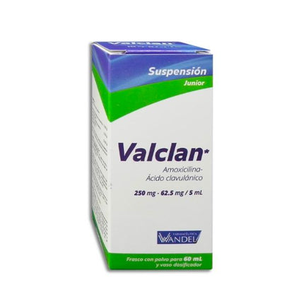 Valclan (Amoxicilina/Ácido Clavulánico)250 mg/62.5mg/5 ml Caja con Polvo 60 ml