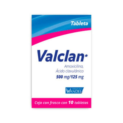 Valclan (Amoxicilina/Ácido Clavulánico) 500 mg/125 mg Caja con 10 Tabletas