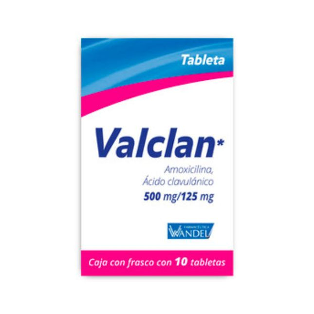 Valclan (Amoxicilina/Ácido Clavulánico) 500 mg/125 mg Caja con 10 Tabletas