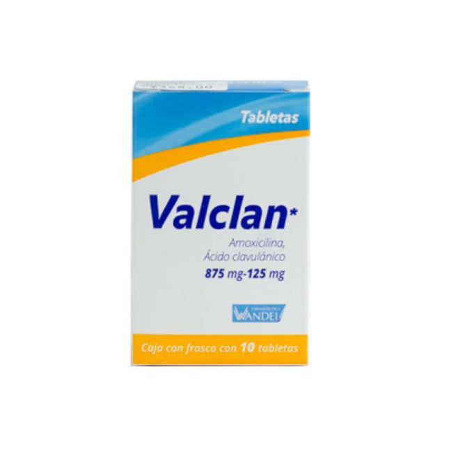 Valclan (Amoxicilina/Ácido Clavulánico) 875/125 mg Frasco con 10 Tabletas