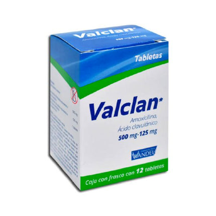 Valclan (Amoxicilina(Ácido Clavulanico) 500 mg/125 mg Frasco con 12 Tabletas