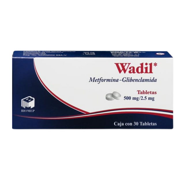 Wadil (Metformina/Glibenclamida) 500 mg/5 mg Caja con 30 Tabletas