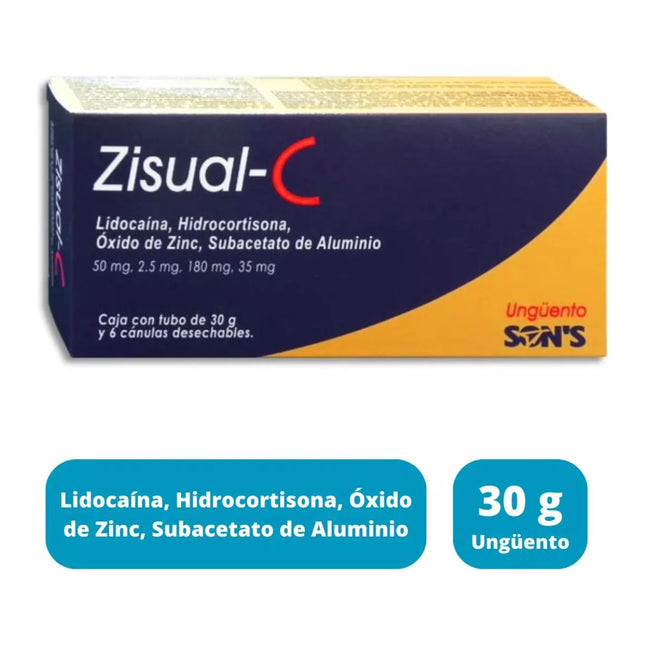 Zisual-C ( Lidocaína, Hidrocortisona, Oxido de Zinc, Subacetato de Aluminio) Ungüento Caja con 30 g y 6 Cánulas Desechables