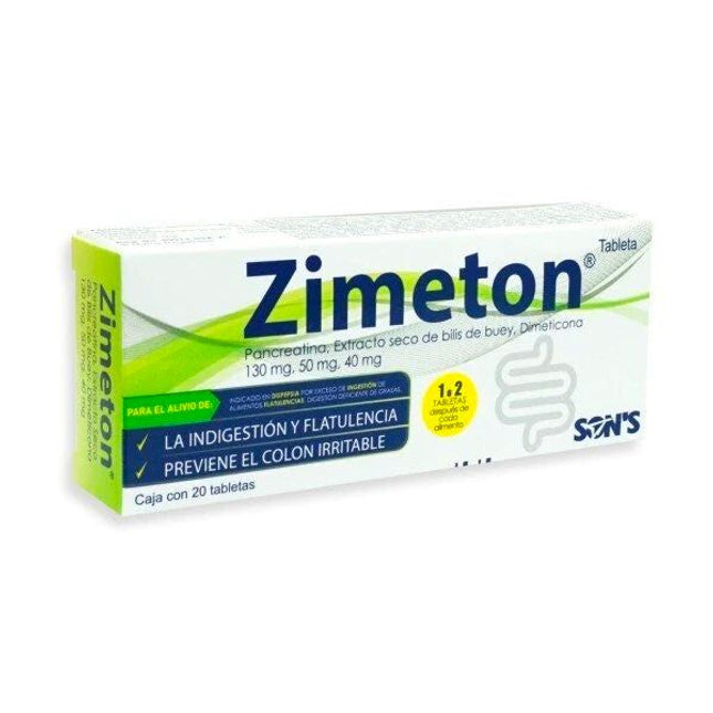 Zimeton (Pancreatina, Extracto de Bilis de Buey, Dimeticona) Caja con 20 Tabletas