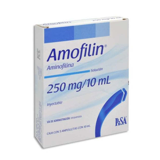 Amofilin (Aminofilina) 250 mg / 10 ml Caja con 5 Ampolletas