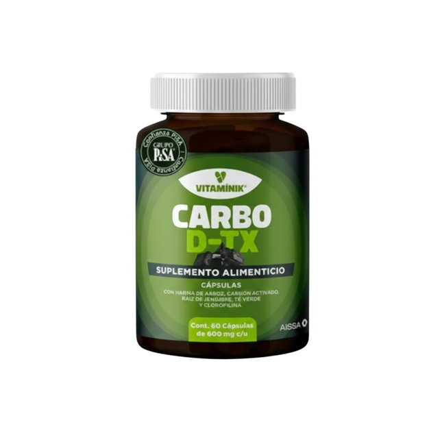 CARBO D-TX (Carbón Activado Jengibre Té Verde Clorofilina) Frasco con 60 Cápsulas