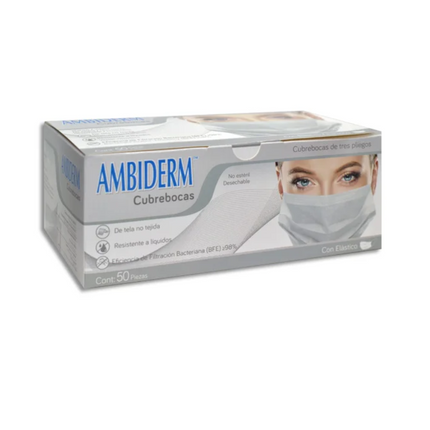Caja Cubrebocas Ambiderm Blanco Adulto Con 50 Cubrebocas