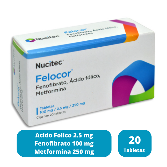 Felocor (Acido Fólico Fenofibrato Metformina) Caja con 20 Tabletas