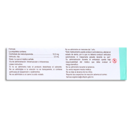Vimeclol (Metoclopramida) 10 mg/ 2 ml Caja con 6 Ampolletas Inyectables