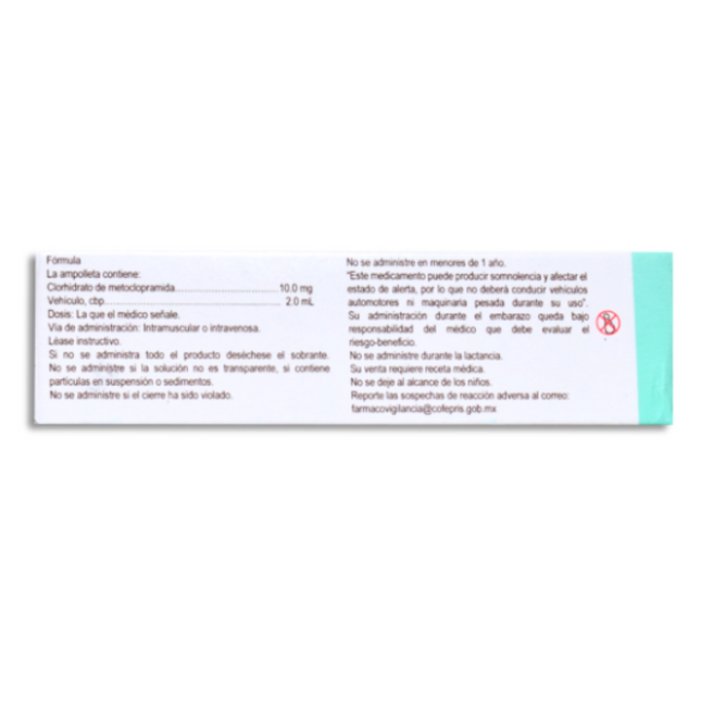 Vimeclol (Metoclopramida) 10 mg/ 2 ml Caja con 6 Ampolletas Inyectables