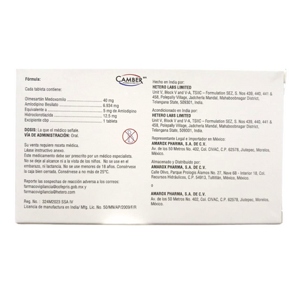 Olmesartán 40 mg / Amlodipino 5 mg / Hidroclorotiazida 12.5 mg Caja con 28 Tabletas