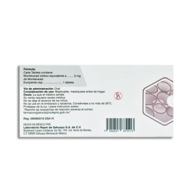 Ontronon (Montelukast) 5 mg Caja con 30 Tabletas Masticables